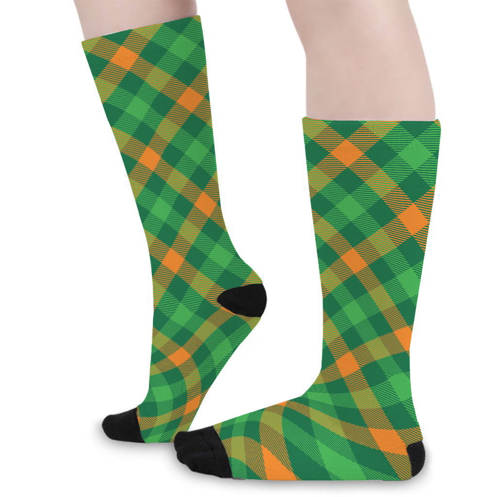 Green And Orange Buffalo Plaid Print Long Socks
