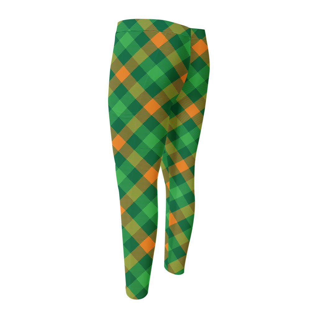 Green And Orange Buffalo Plaid Print Men's Compression Pants