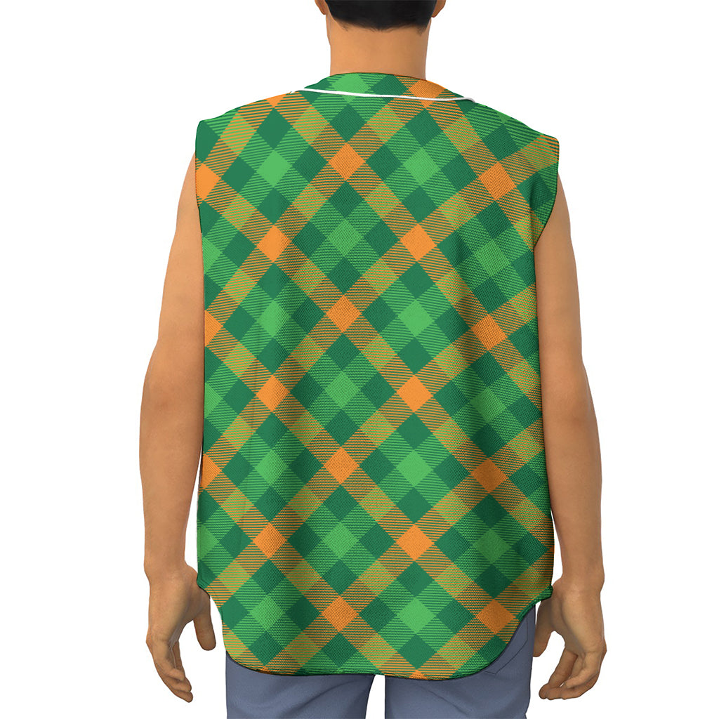Green And Orange Buffalo Plaid Print Sleeveless Baseball Jersey