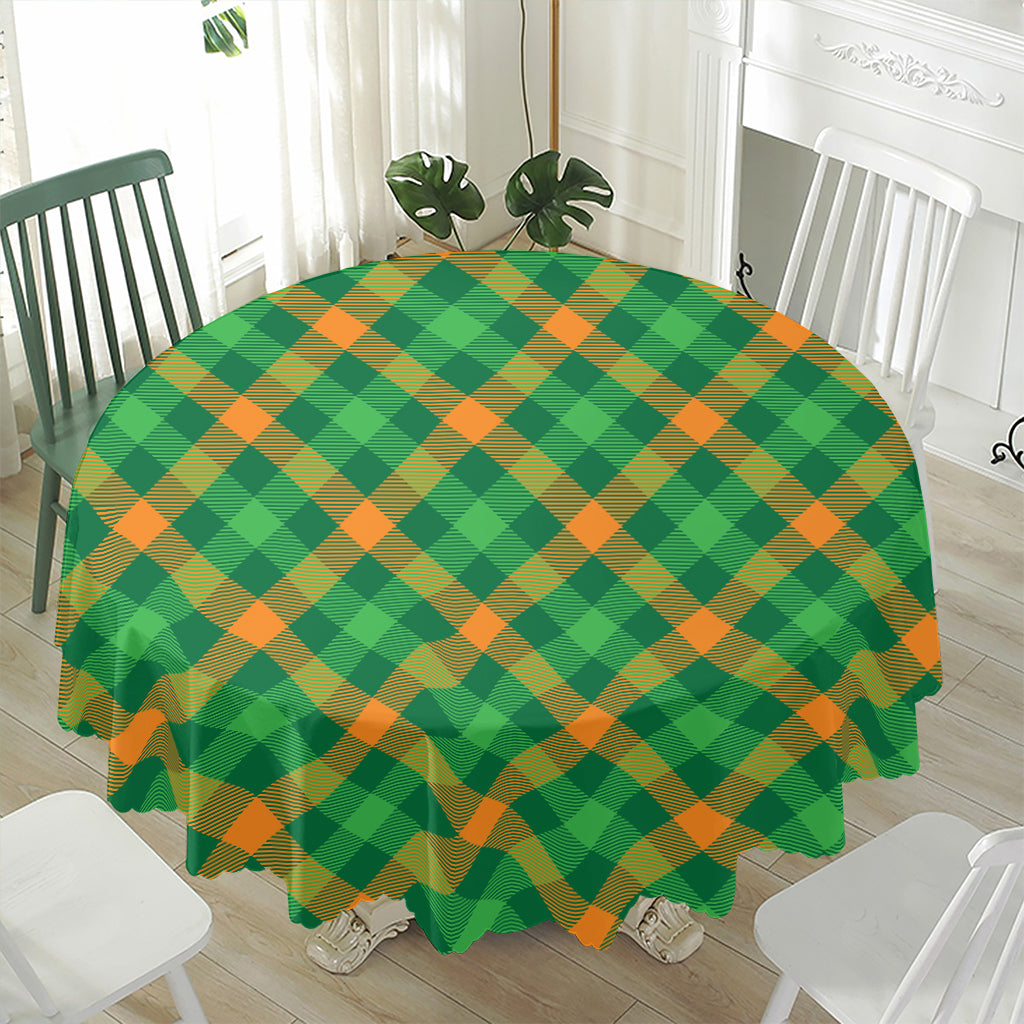 Green And Orange Buffalo Plaid Print Waterproof Round Tablecloth