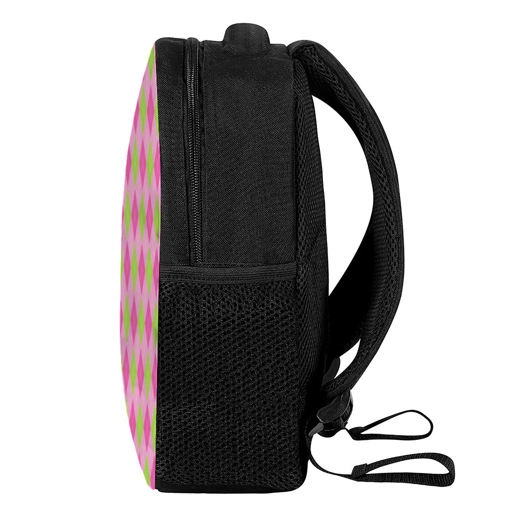 Green And Pink Argyle Pattern Print Casual Backpack