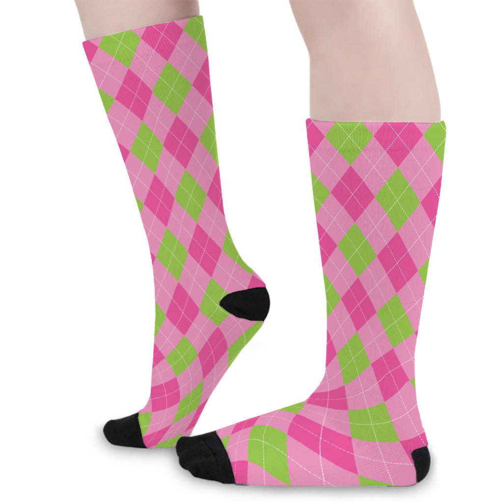 Green And Pink Argyle Pattern Print Long Socks