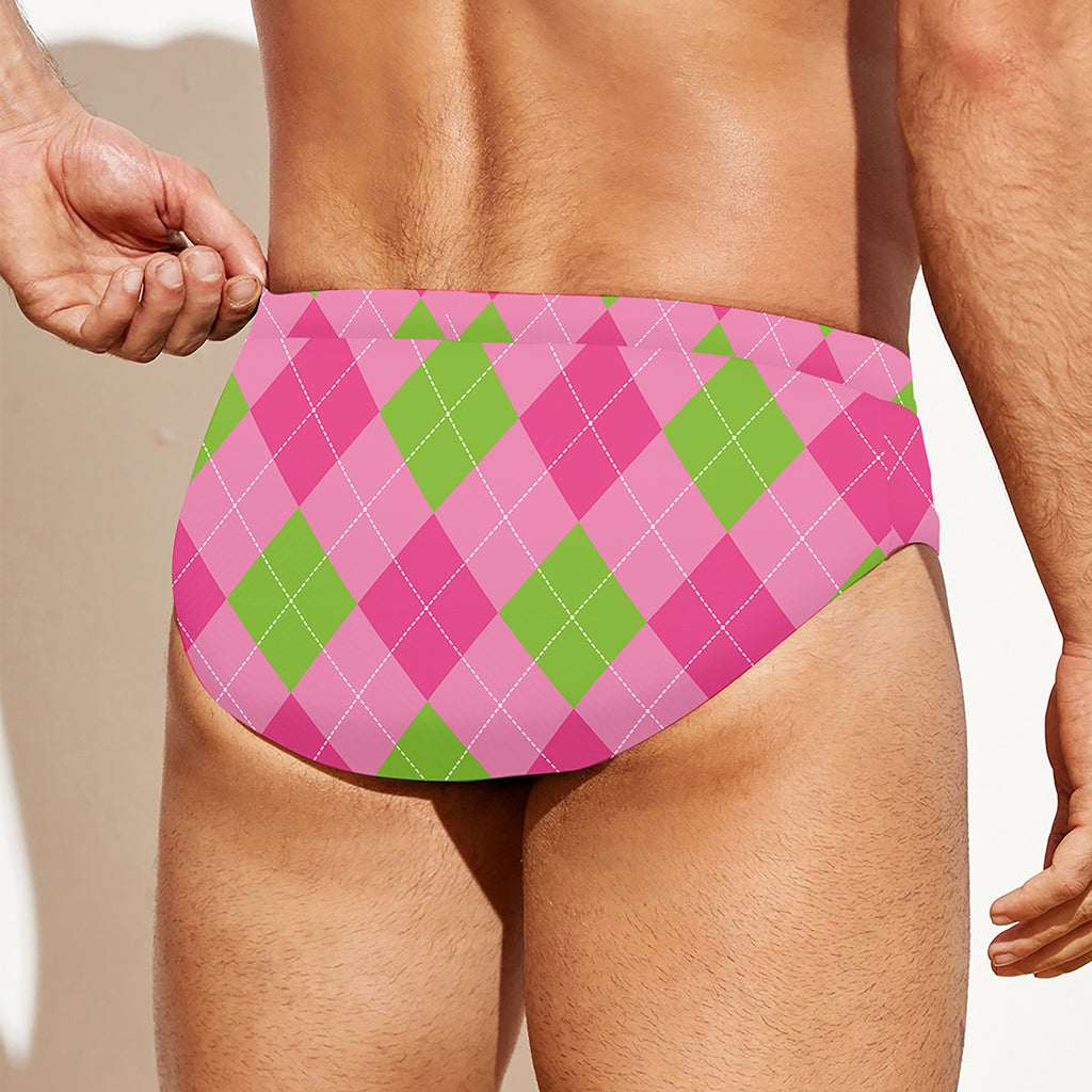 Green And Pink Argyle Pattern Print Men's Swim Briefs