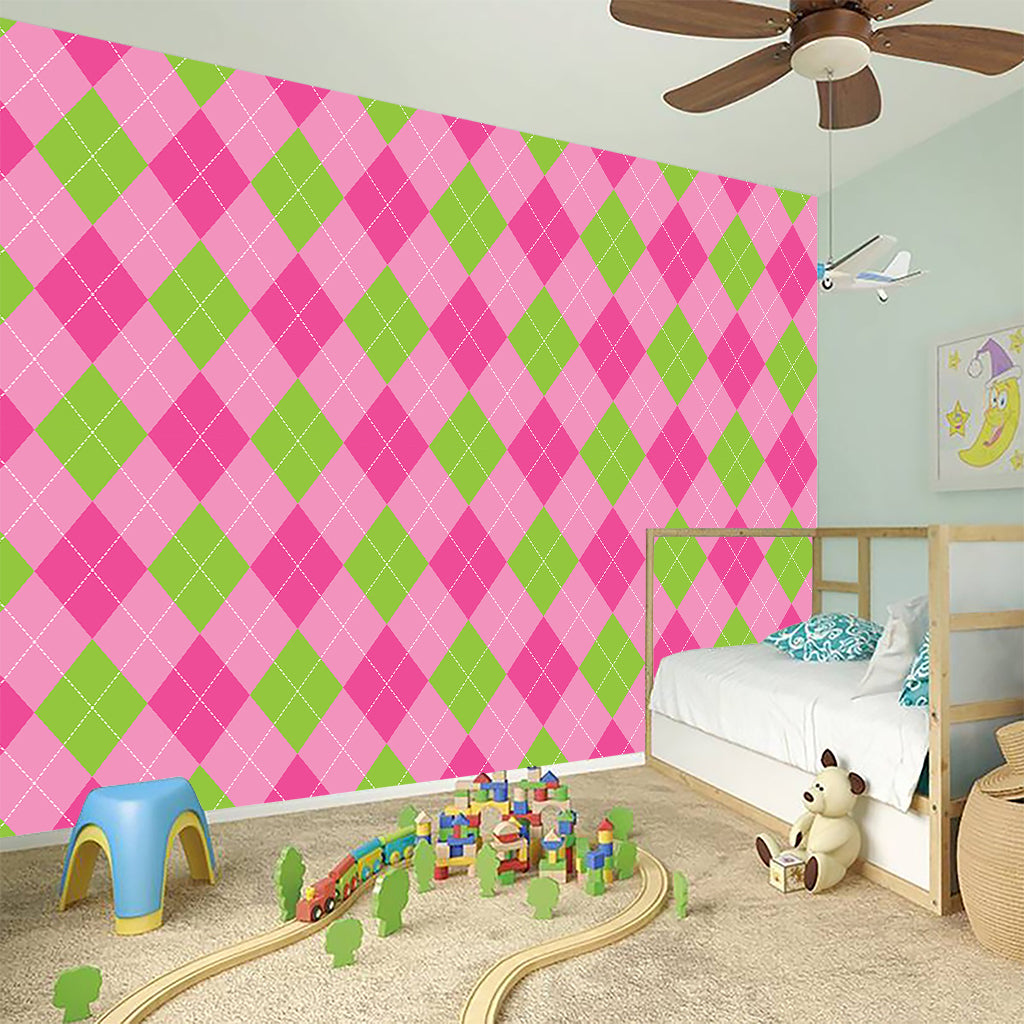 Green And Pink Argyle Pattern Print Wall Sticker