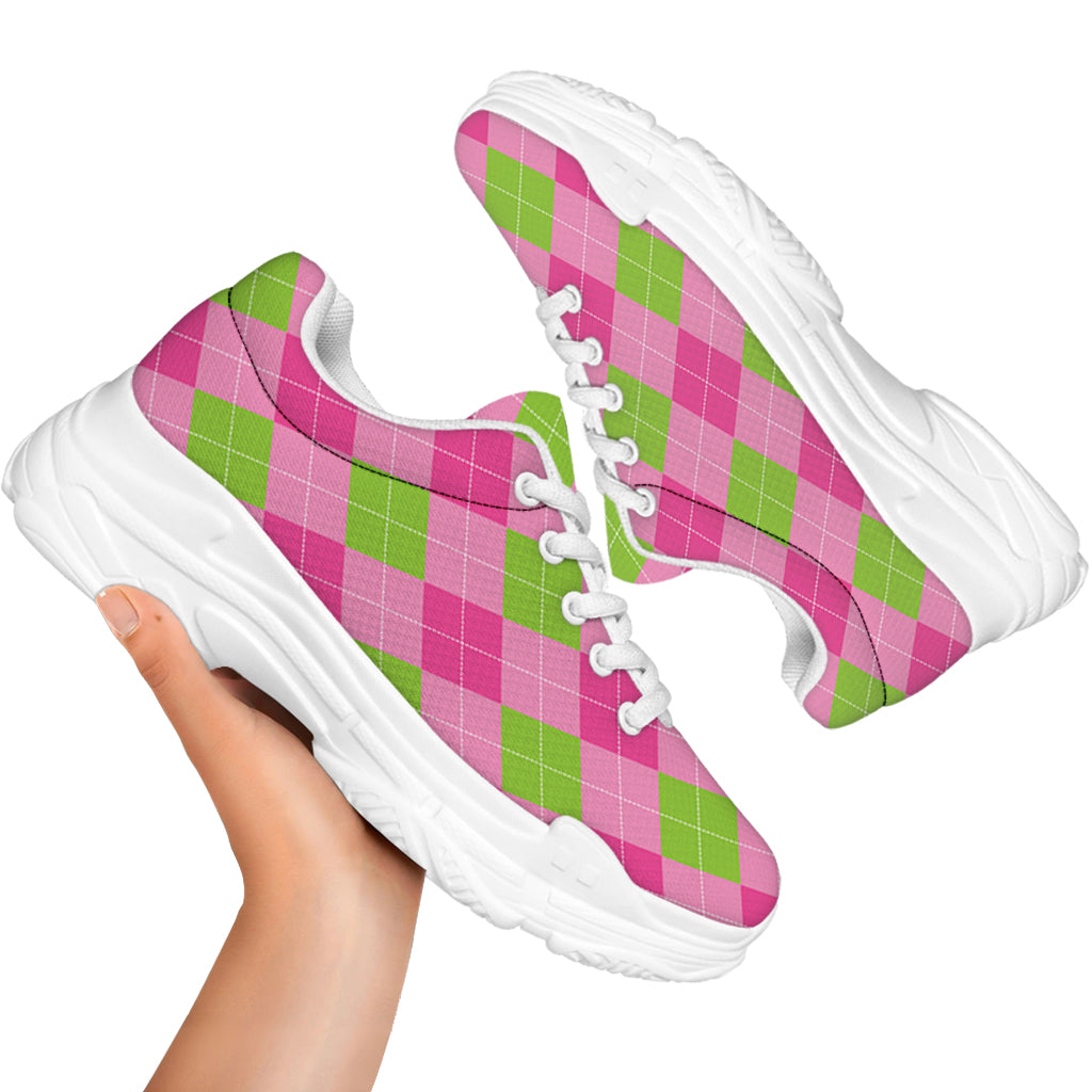 Green And Pink Argyle Pattern Print White Chunky Shoes