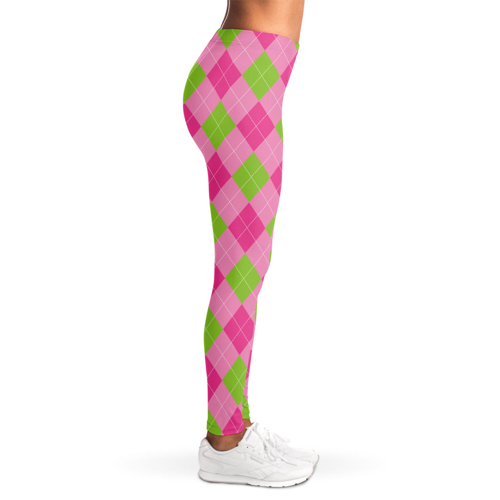 Green And Pink Argyle Pattern Print Women's Leggings