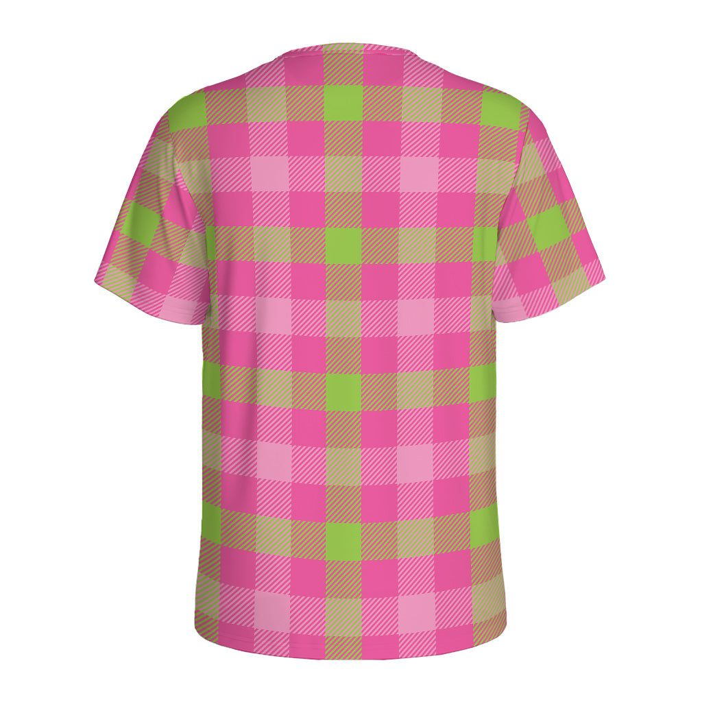 Green And Pink Buffalo Plaid Print Men's Sports T-Shirt