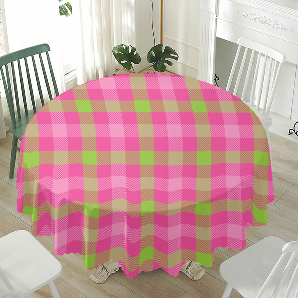 Green And Pink Buffalo Plaid Print Waterproof Round Tablecloth