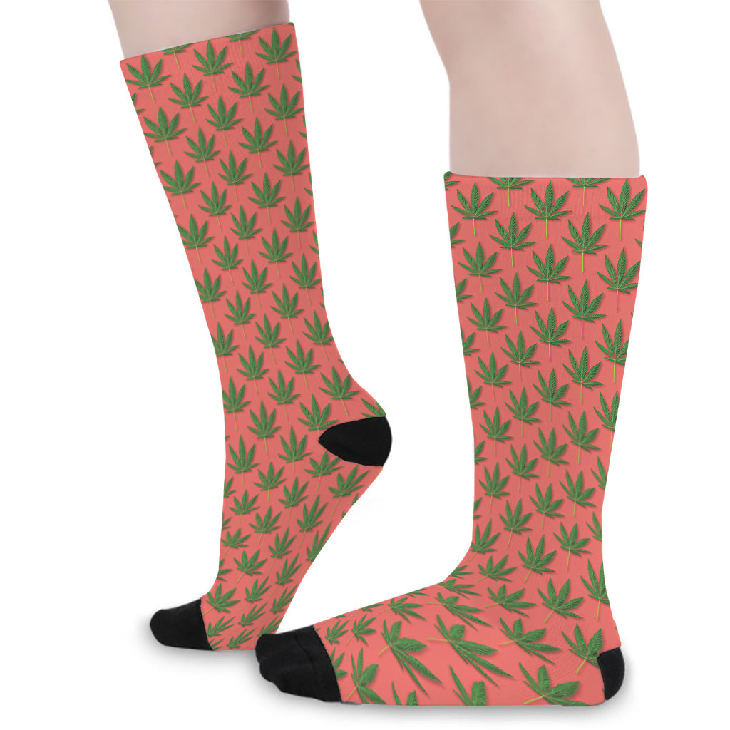 Green And Pink Cannabis Leaf Print Long Socks