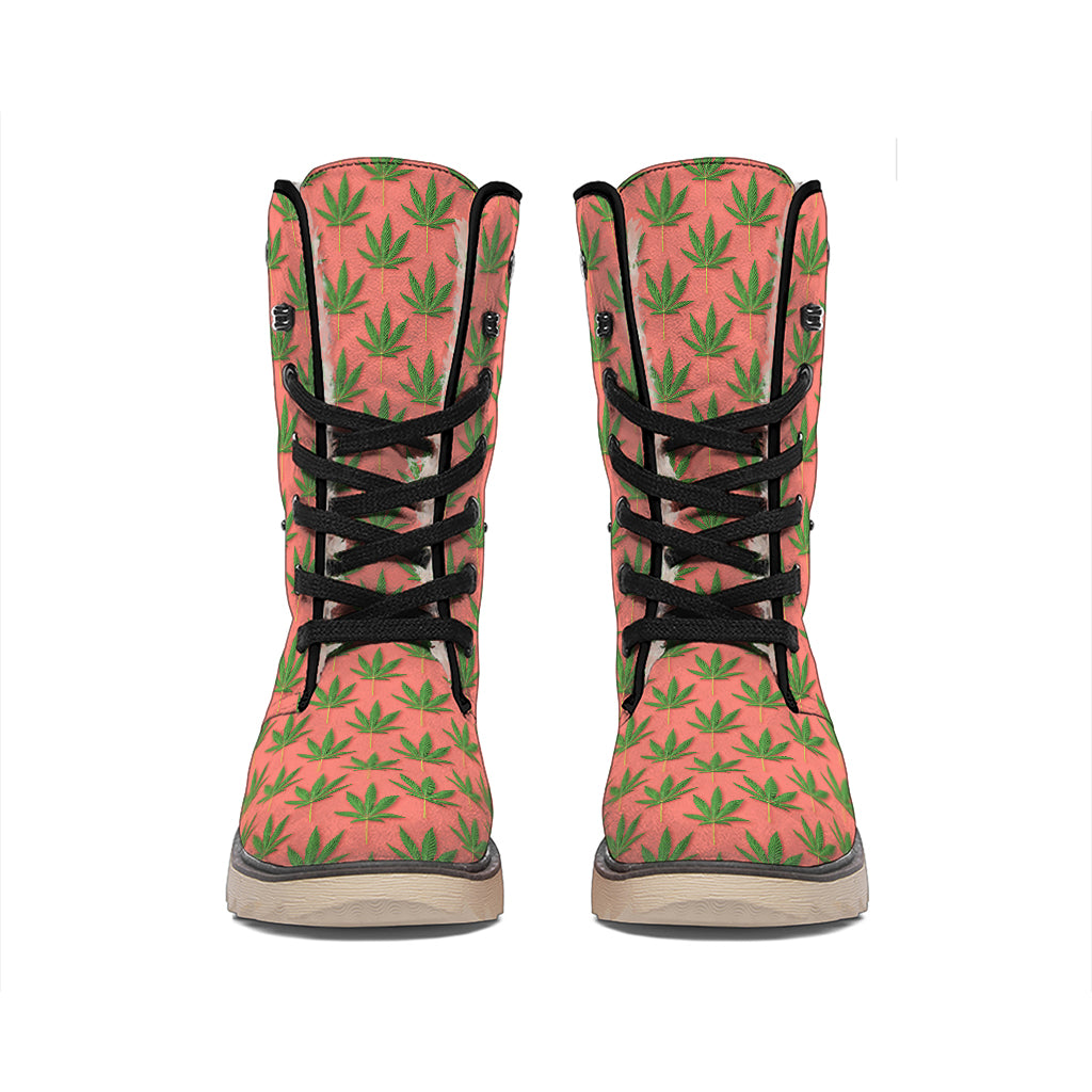 Green And Pink Cannabis Leaf Print Winter Boots