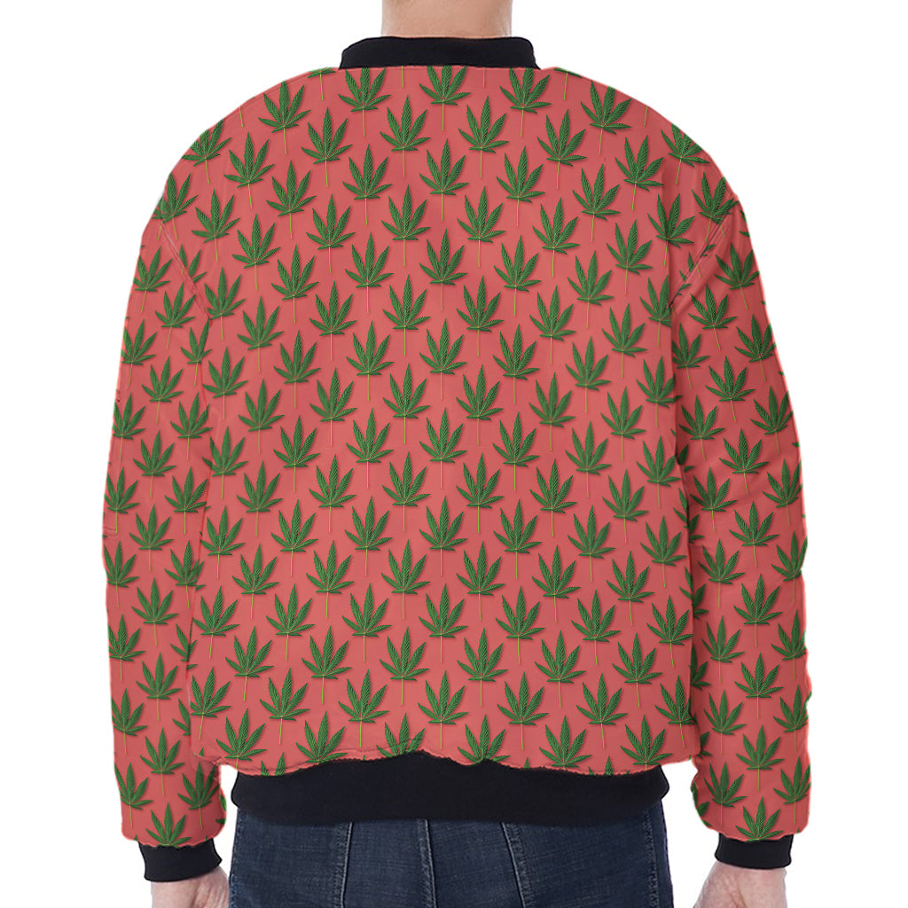 Green And Pink Cannabis Leaf Print Zip Sleeve Bomber Jacket