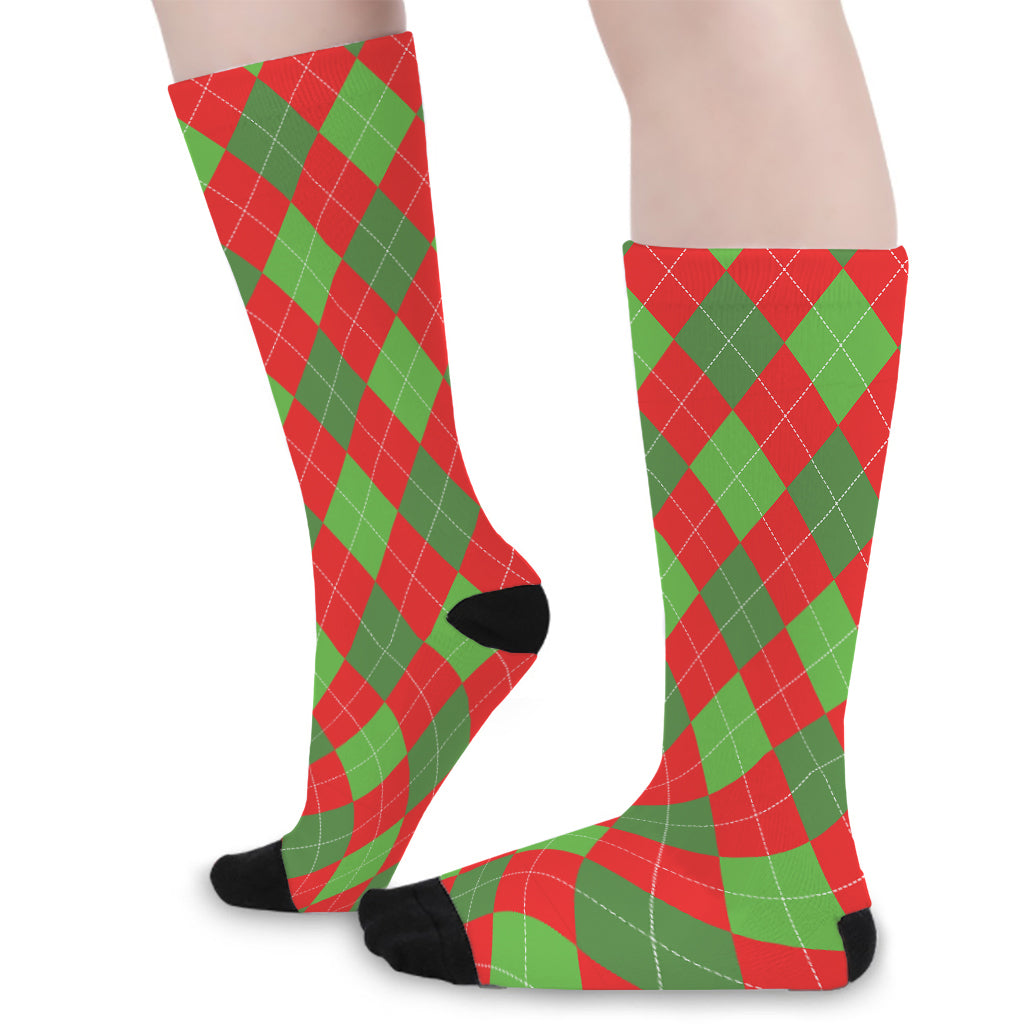 Green And Red Argyle Pattern Print Long Socks