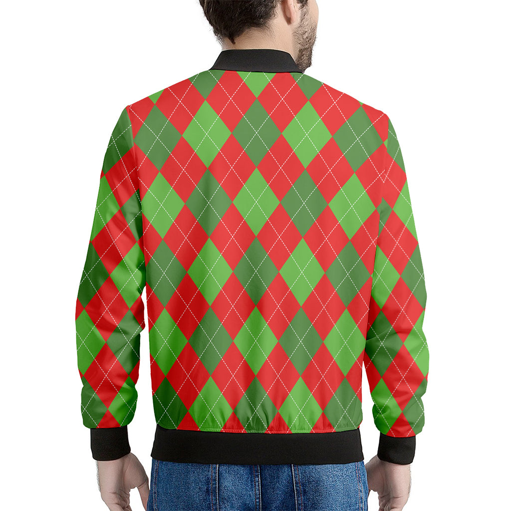 Green And Red Argyle Pattern Print Men's Bomber Jacket