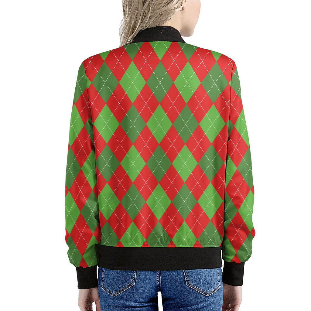 Green And Red Argyle Pattern Print Women's Bomber Jacket