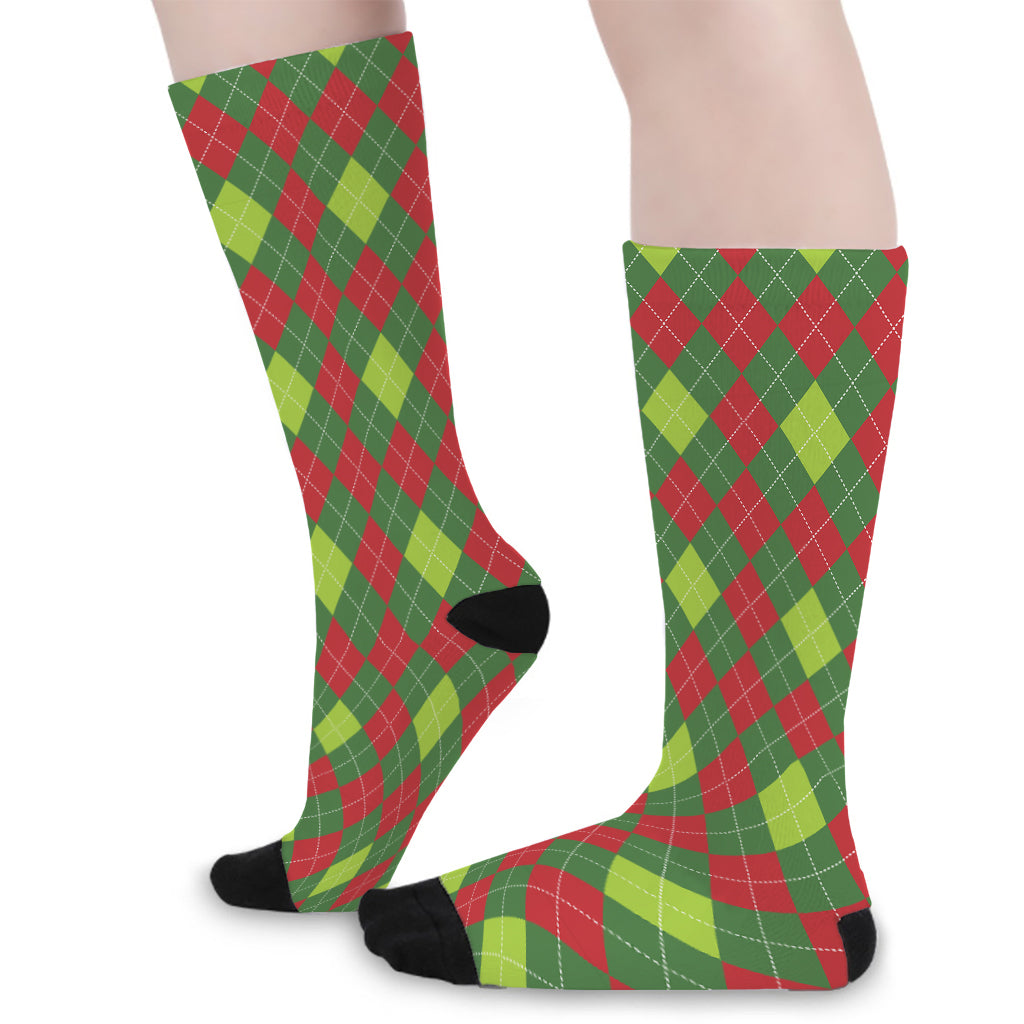 Green And Red Christmas Argyle Print Long Socks