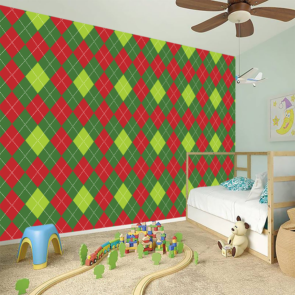 Green And Red Christmas Argyle Print Wall Sticker