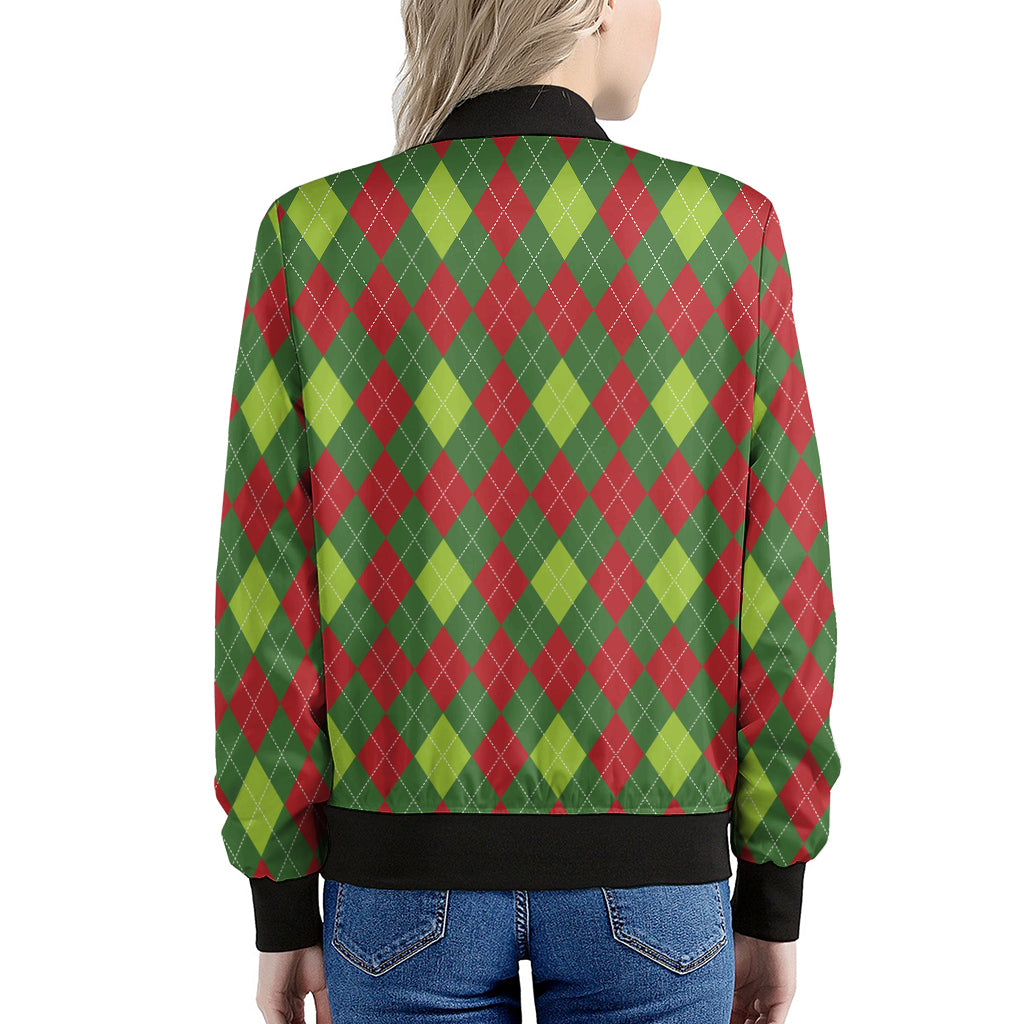 Green And Red Christmas Argyle Print Women's Bomber Jacket
