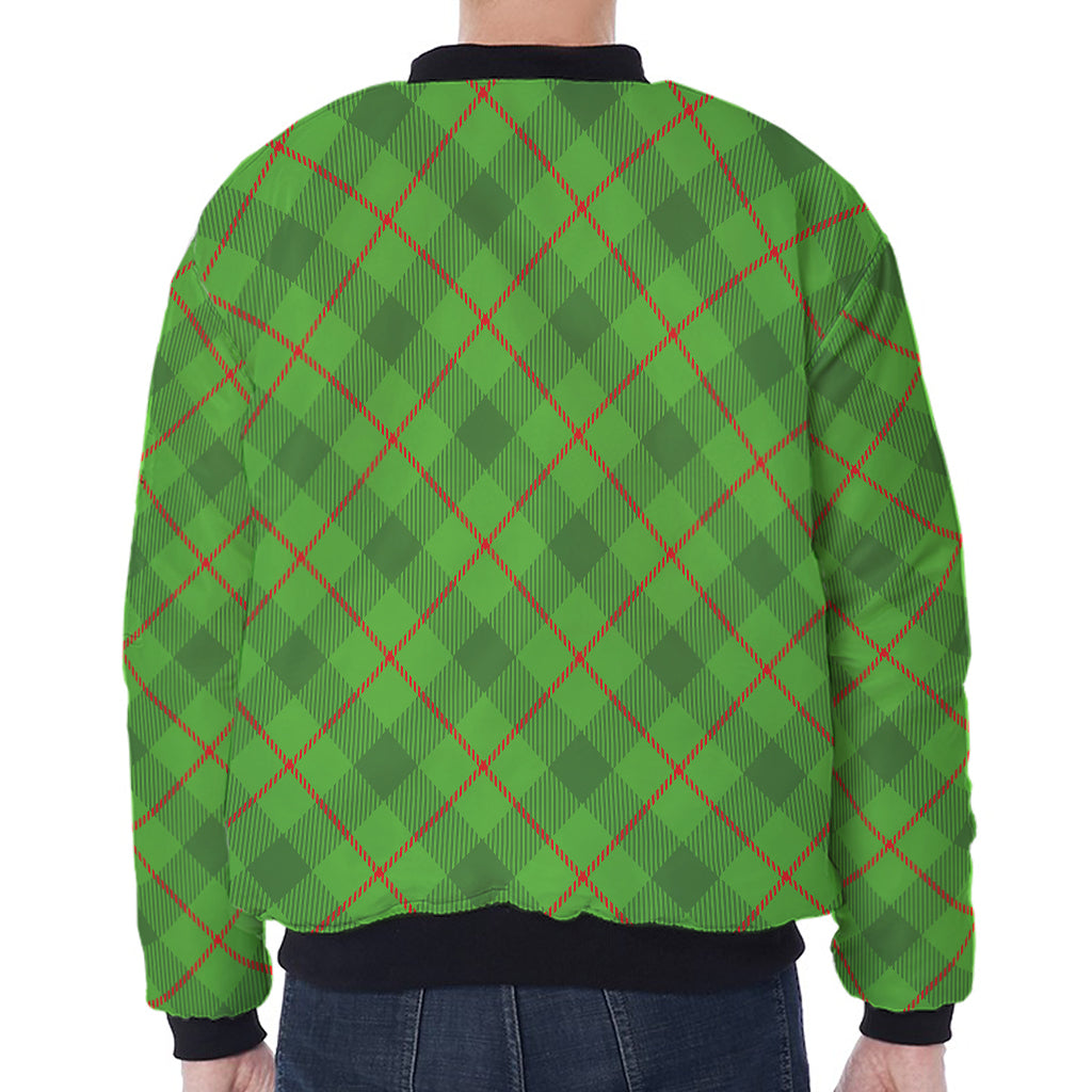 Green And Red Plaid Pattern Print Zip Sleeve Bomber Jacket