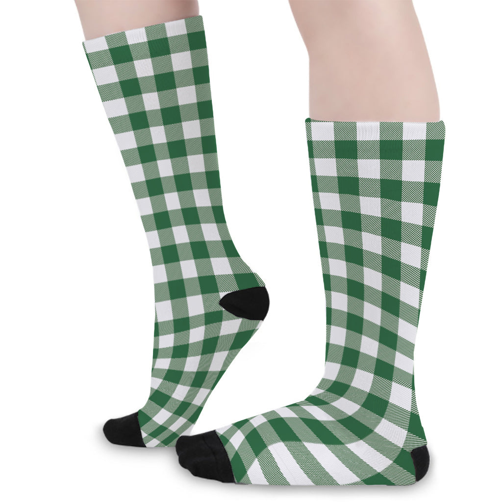 Green And White Buffalo Check Print Long Socks