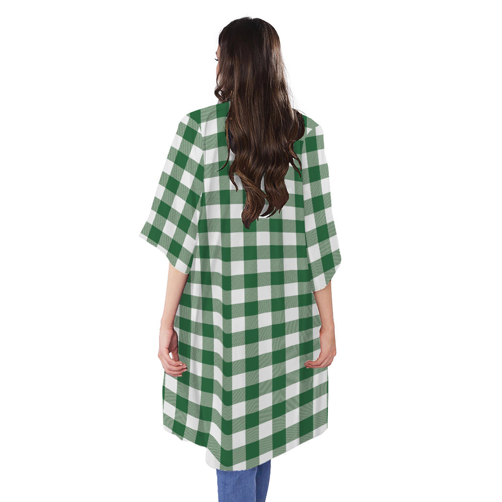 Green And White Buffalo Check Print Open Front Beach Cover Up