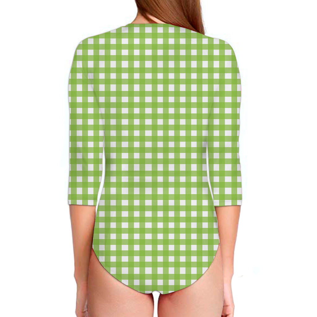 Green And White Check Pattern Print Long Sleeve Swimsuit