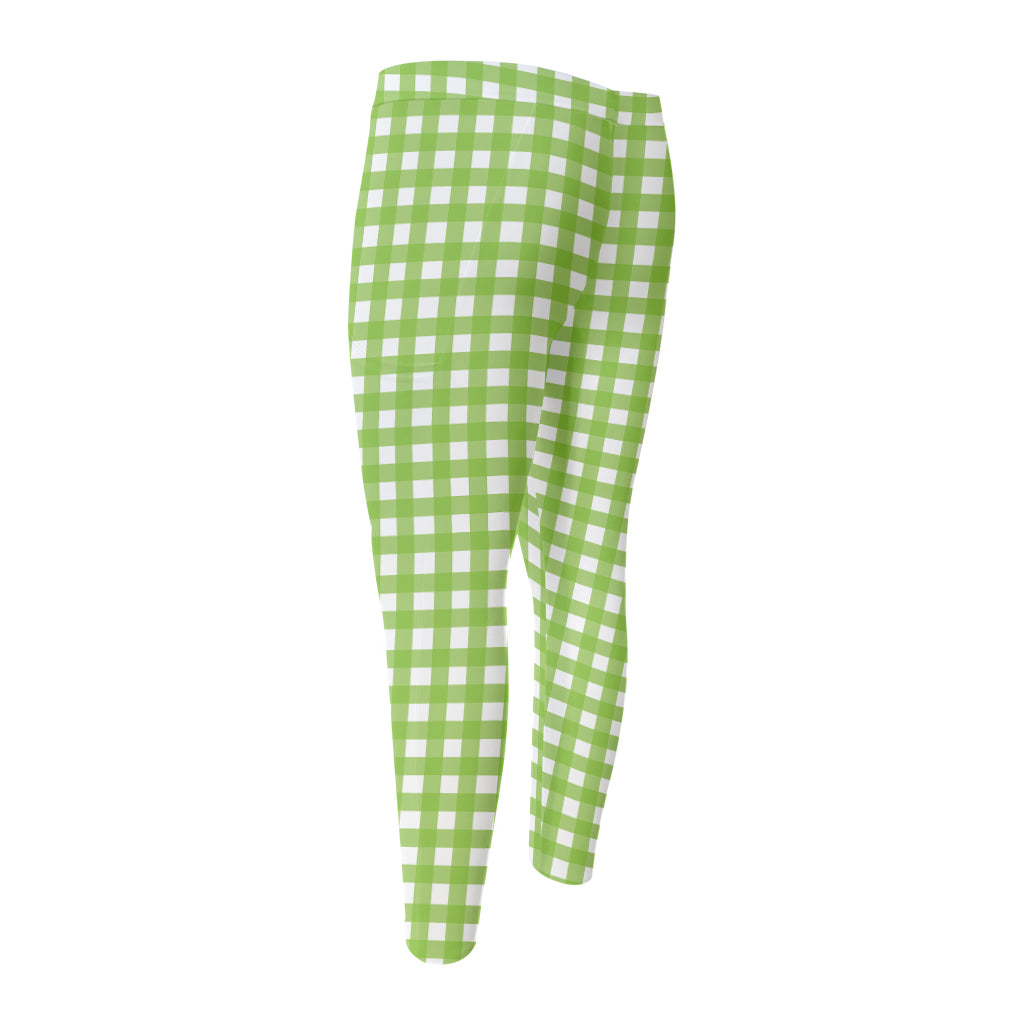 Green And White Check Pattern Print Men's Compression Pants