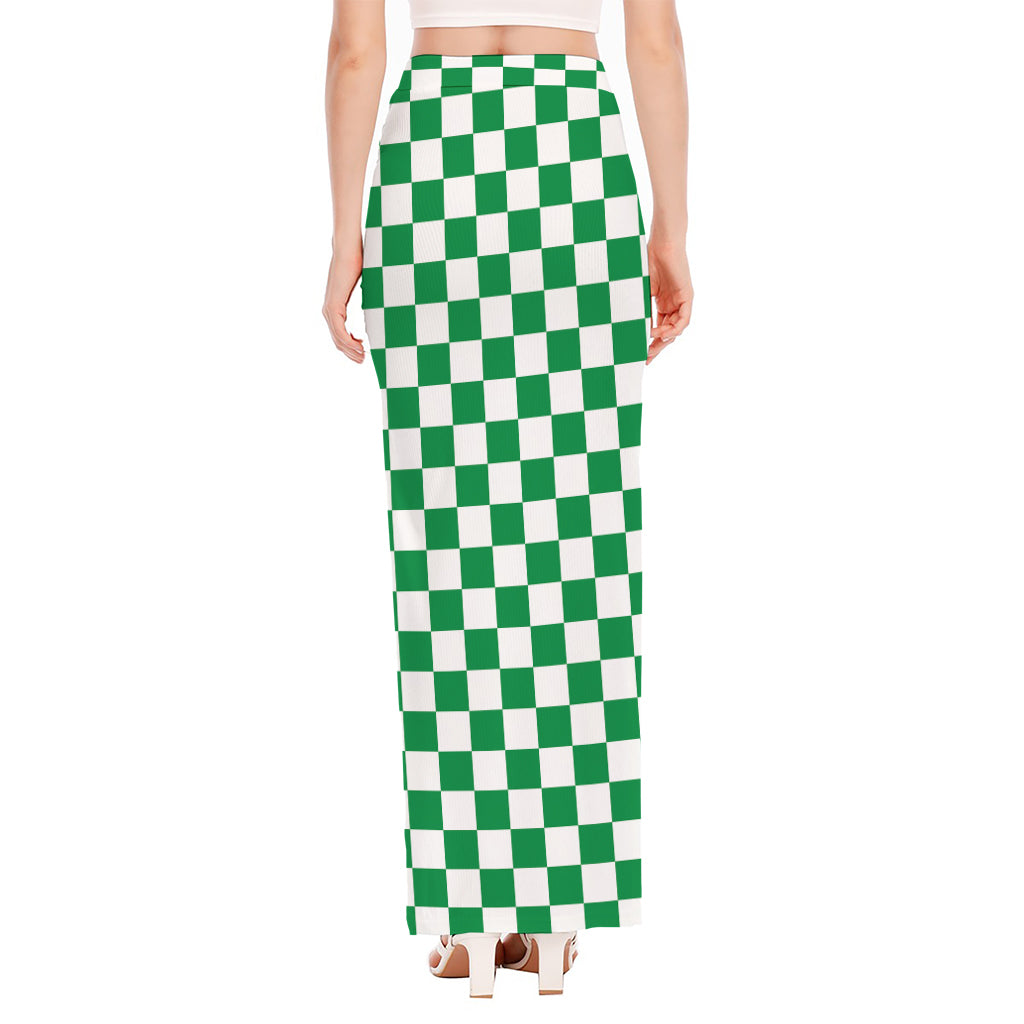 Green And White Checkered Pattern Print High Slit Maxi Skirt