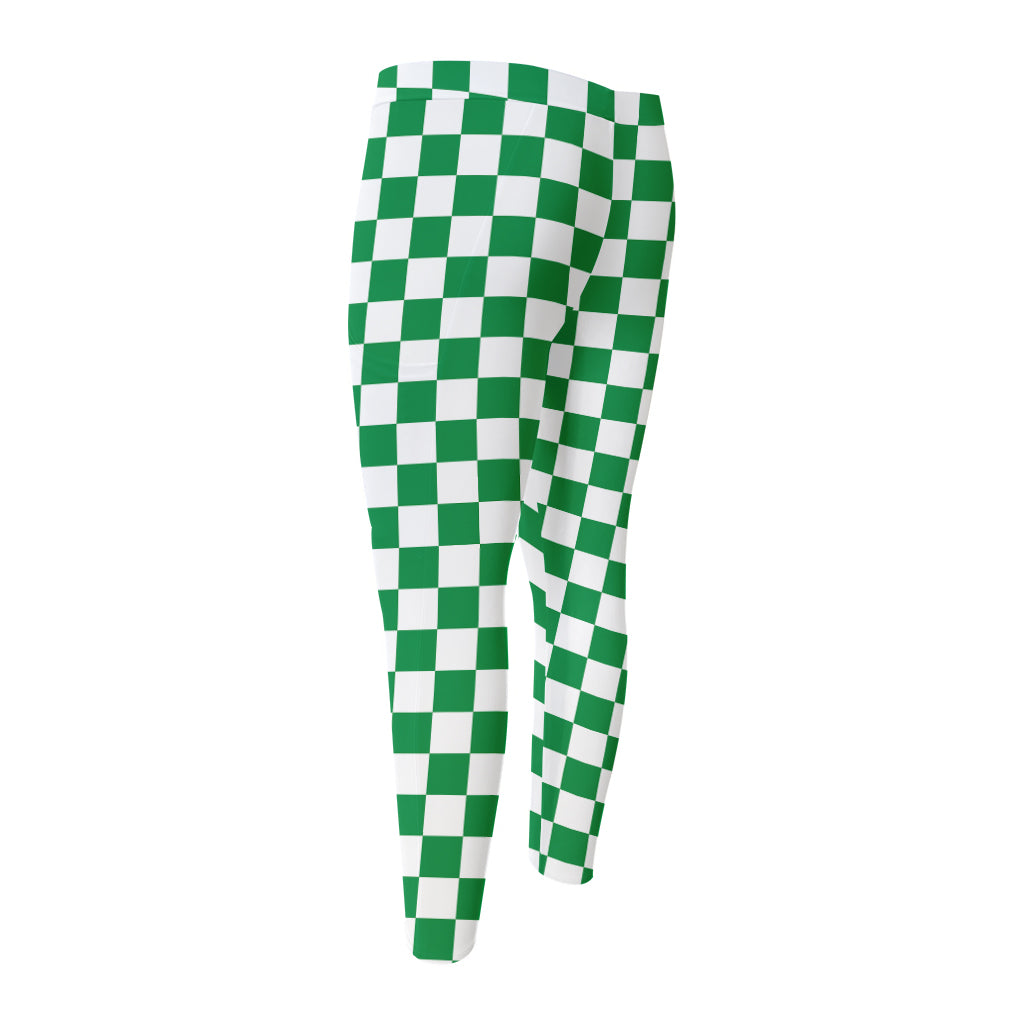 Green And White Checkered Pattern Print Men's Compression Pants