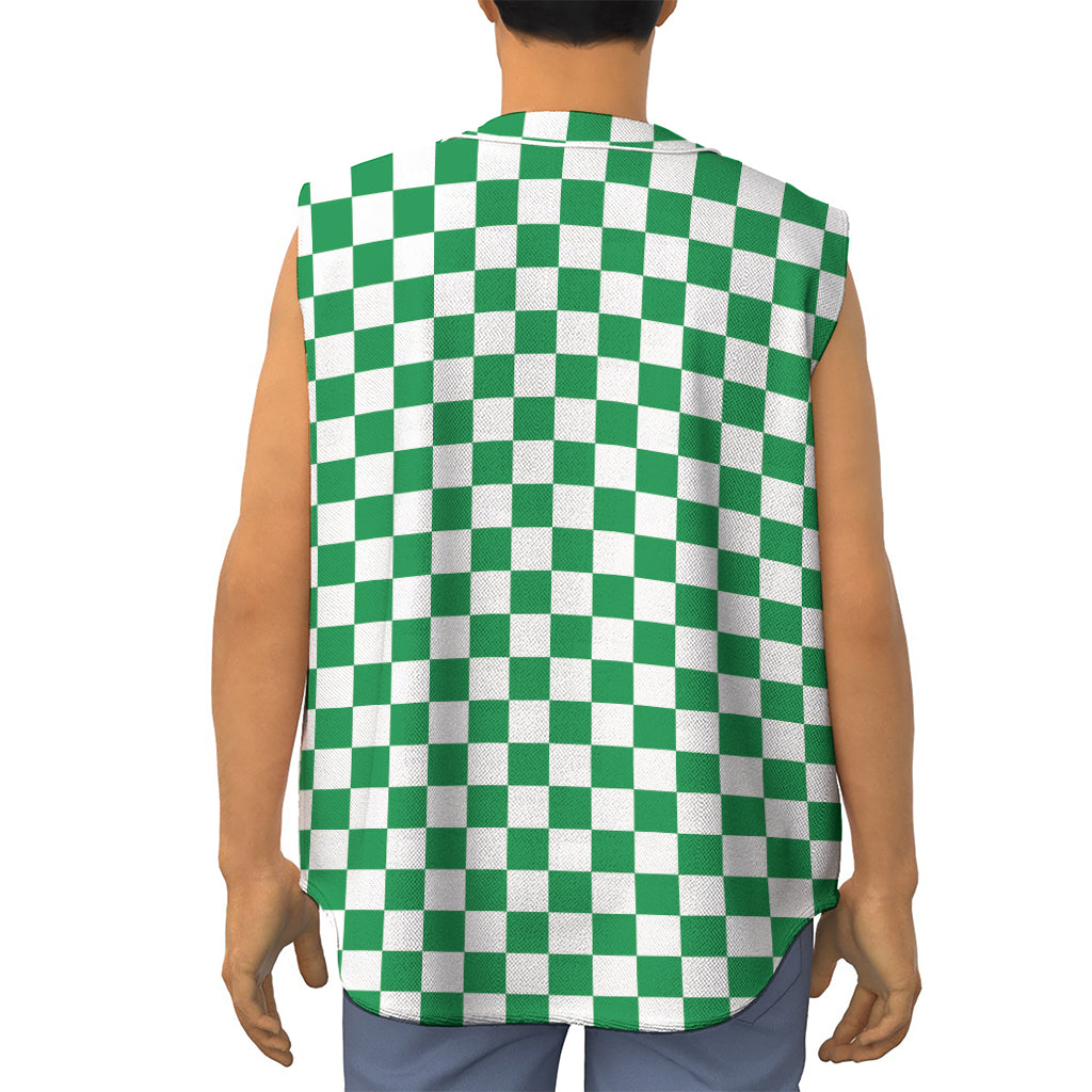 Green And White Checkered Pattern Print Sleeveless Baseball Jersey