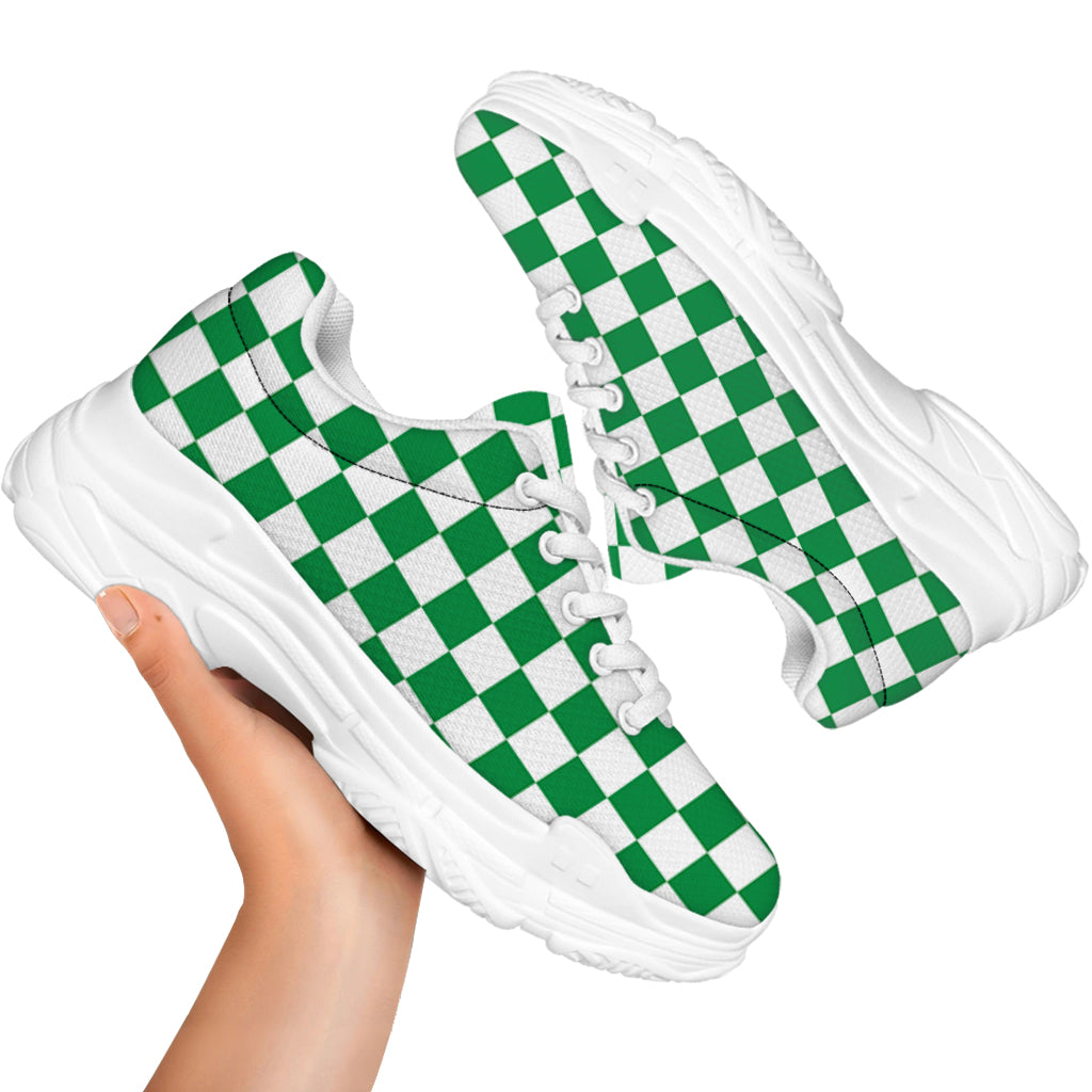 Green And White Checkered Pattern Print White Chunky Shoes