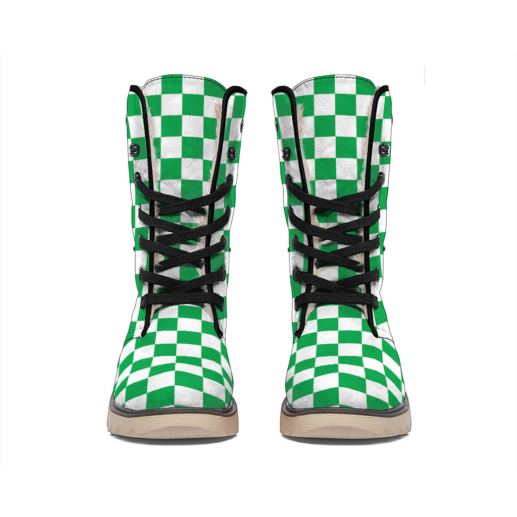 Green And White Checkered Pattern Print Winter Boots