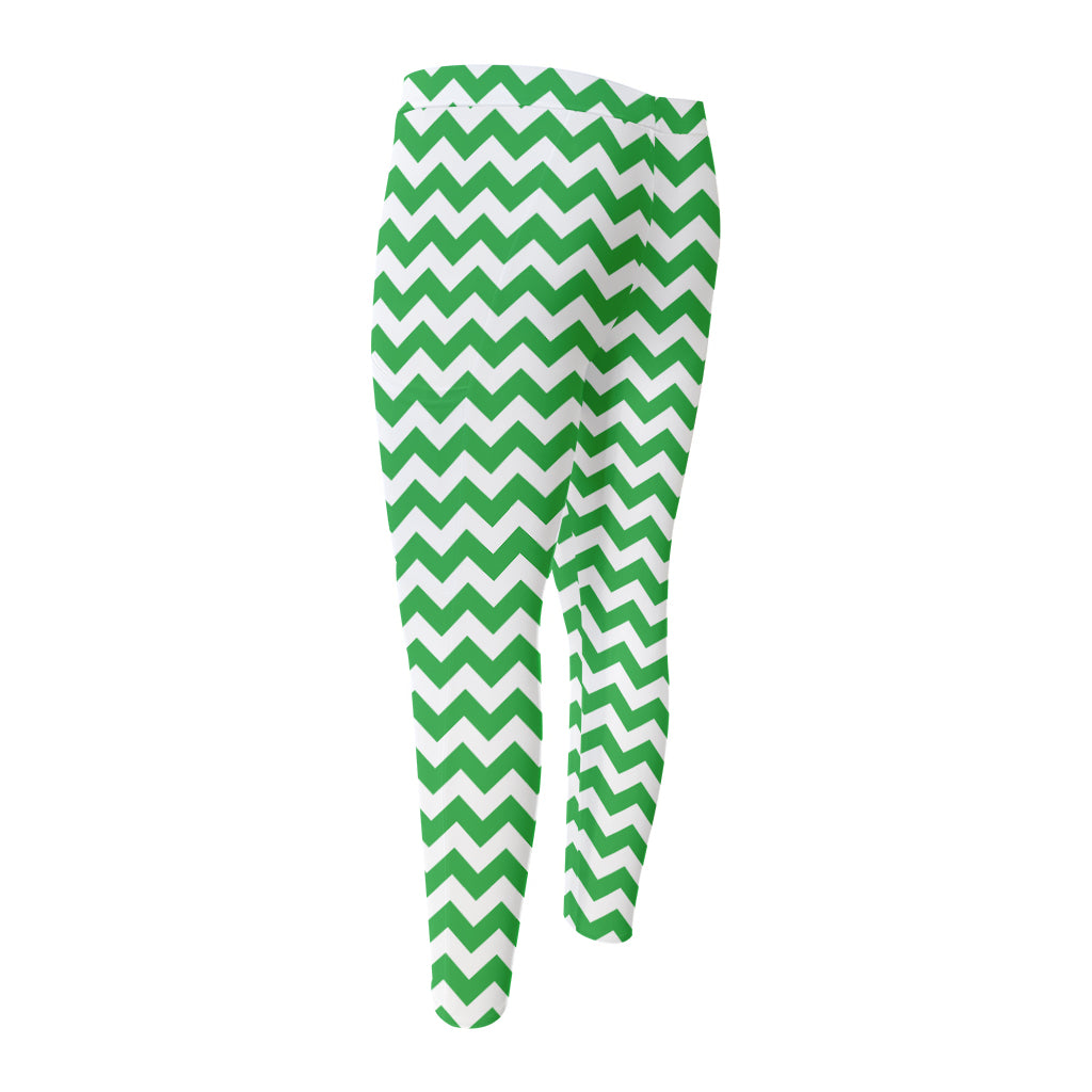 Green And White Chevron Pattern Print Men's Compression Pants