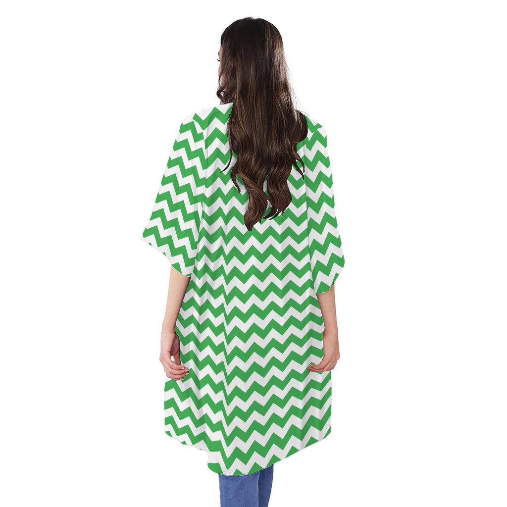 Green And White Chevron Pattern Print Open Front Beach Cover Up