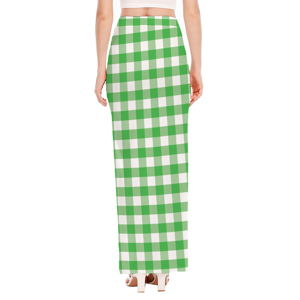 Green And White Gingham Pattern Print High Slit Maxi Skirt