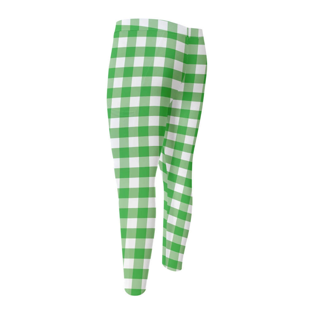 Green And White Gingham Pattern Print Men's Compression Pants