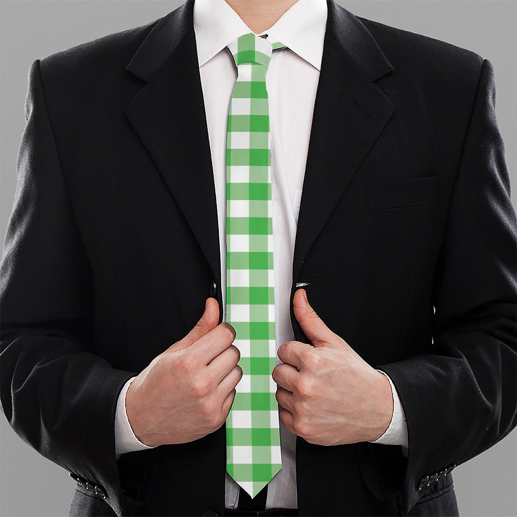 Green And White Gingham Pattern Print Necktie