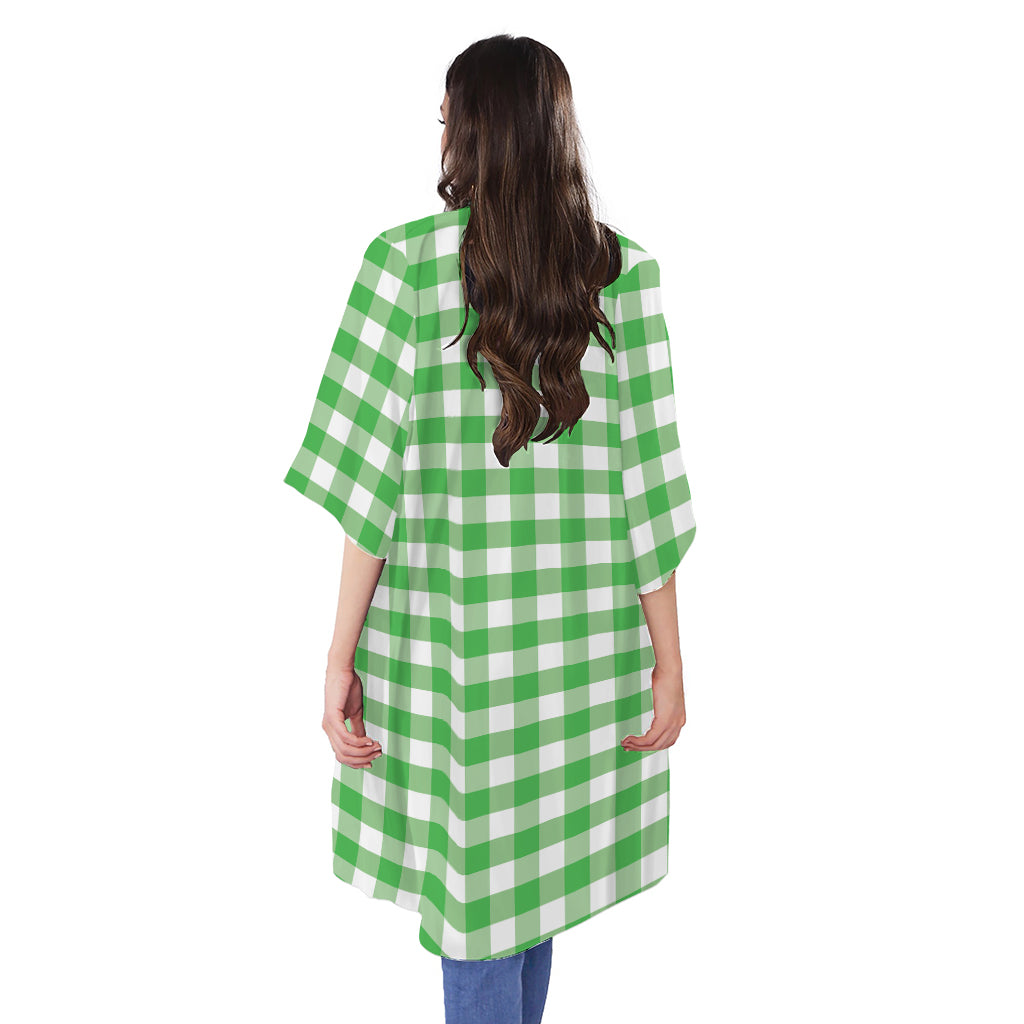 Green And White Gingham Pattern Print Open Front Beach Cover Up