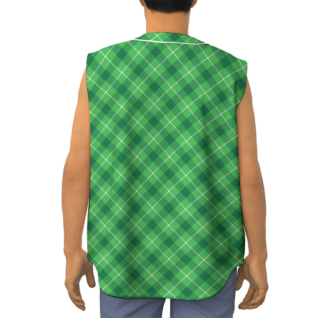 Green And White Plaid Pattern Print Sleeveless Baseball Jersey