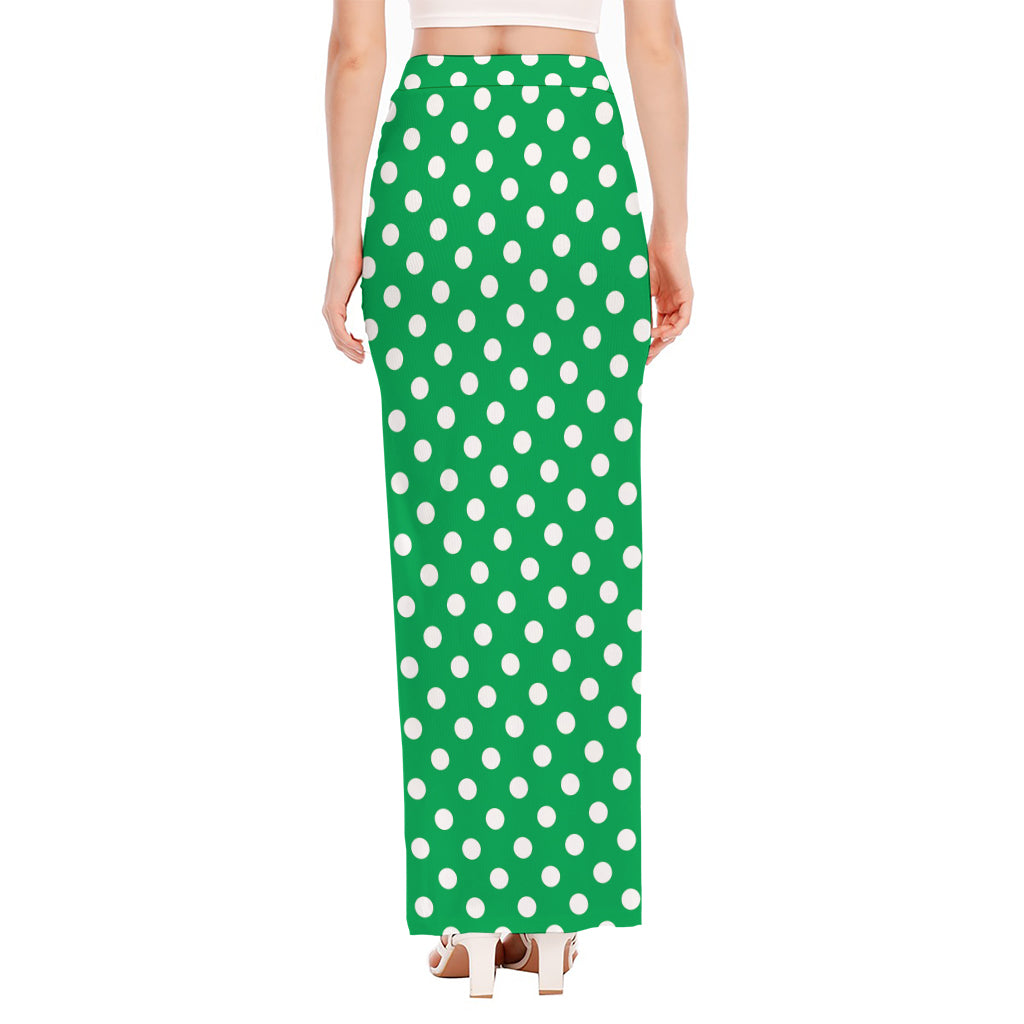 Green And White Polka Dot Pattern Print High Slit Maxi Skirt