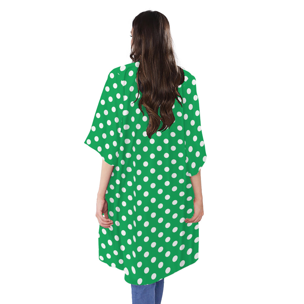 Green And White Polka Dot Pattern Print Open Front Beach Cover Up