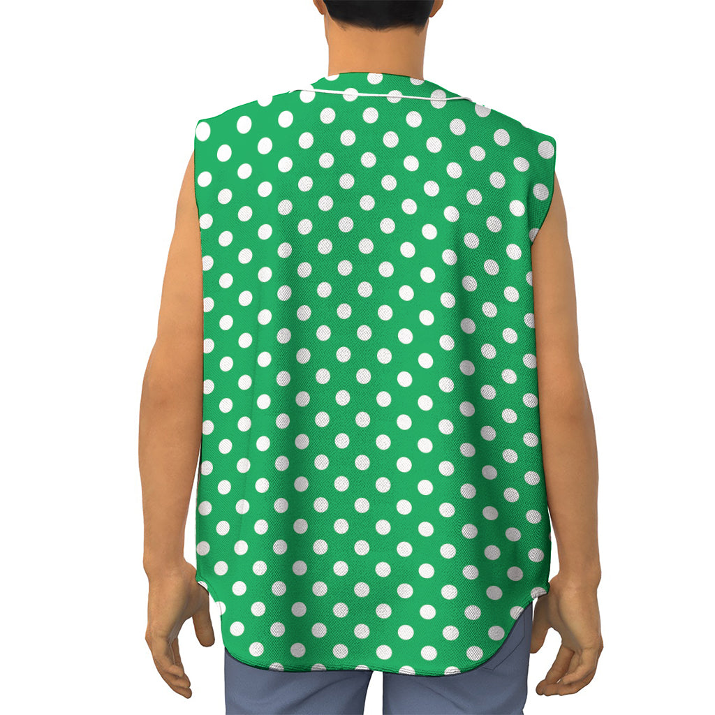 Green And White Polka Dot Pattern Print Sleeveless Baseball Jersey