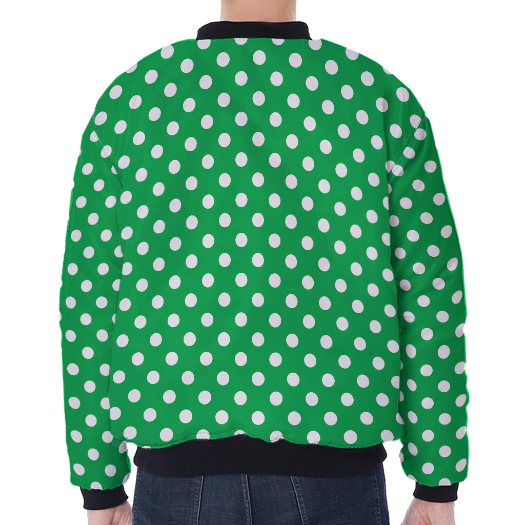 Green And White Polka Dot Pattern Print Zip Sleeve Bomber Jacket