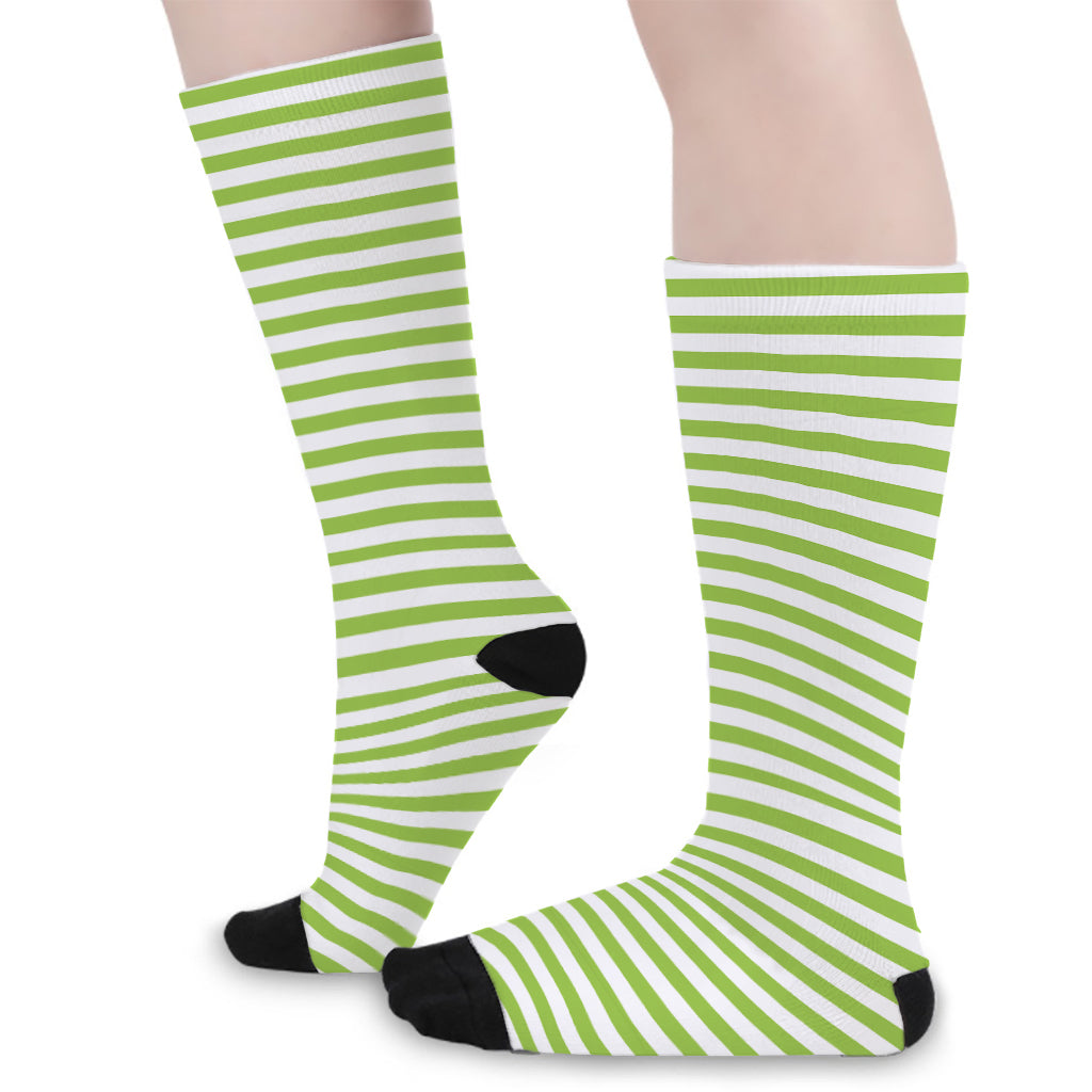 Green And White Striped Pattern Print Long Socks