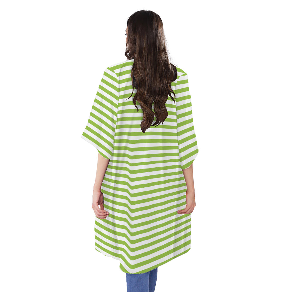 Green And White Striped Pattern Print Open Front Beach Cover Up