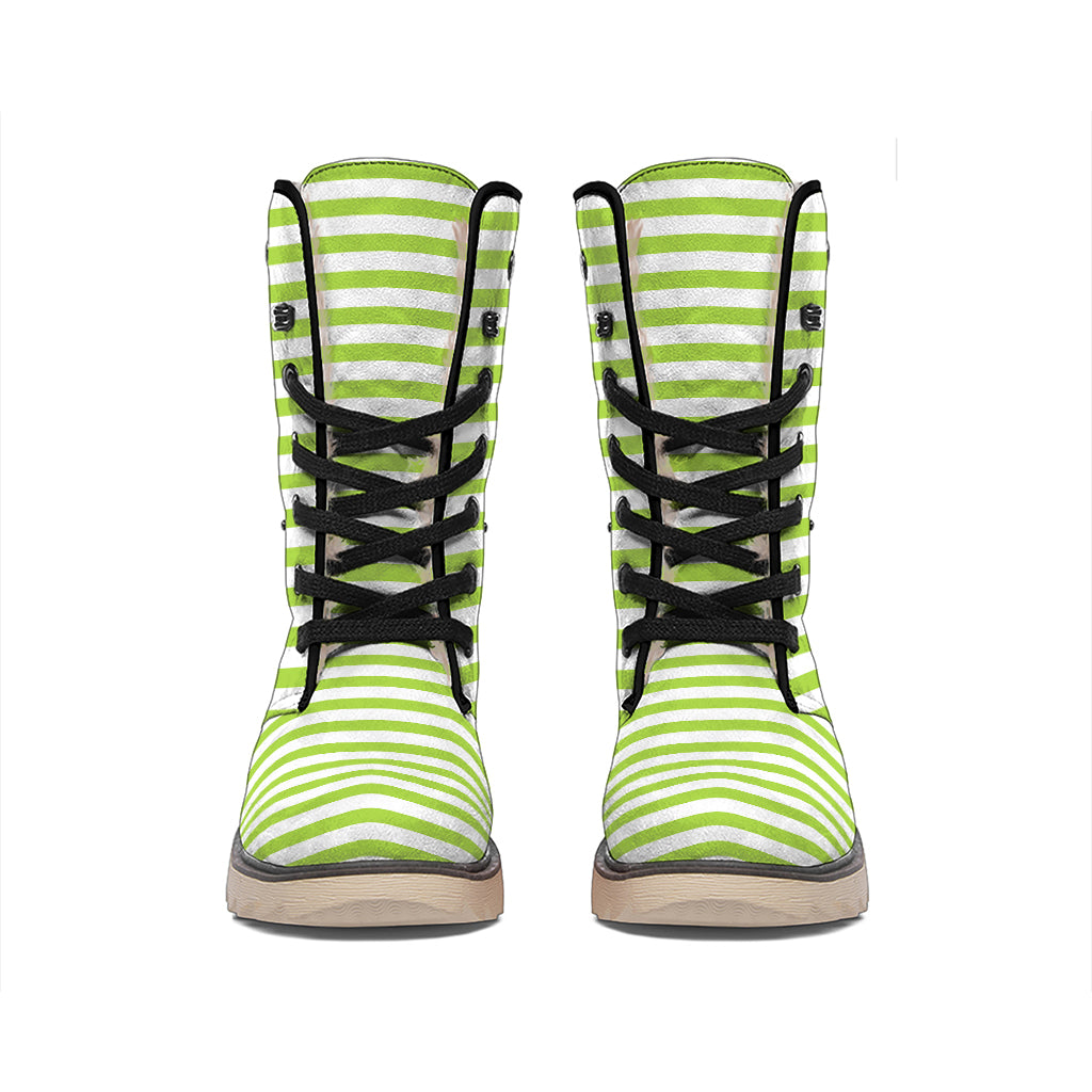 Green And White Striped Pattern Print Winter Boots