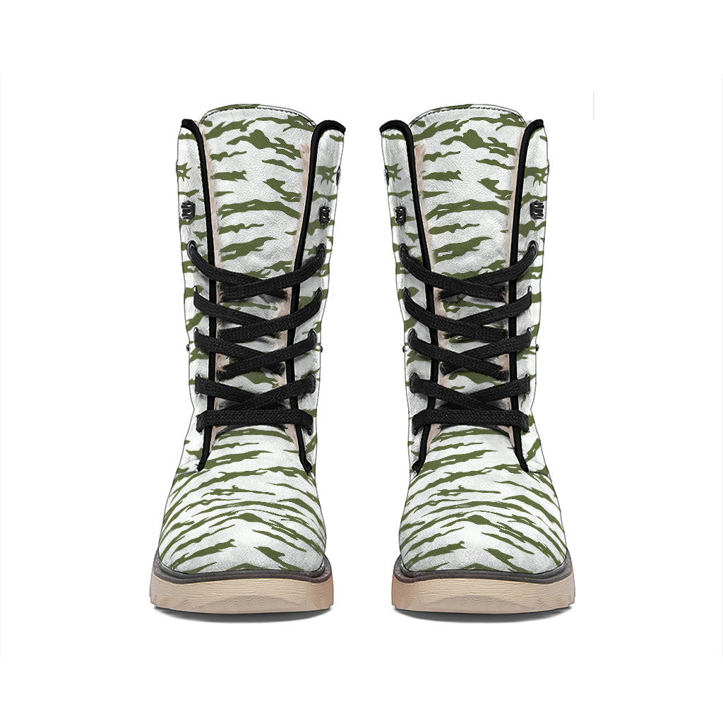 Green And White Tiger Stripe Camo Print Winter Boots