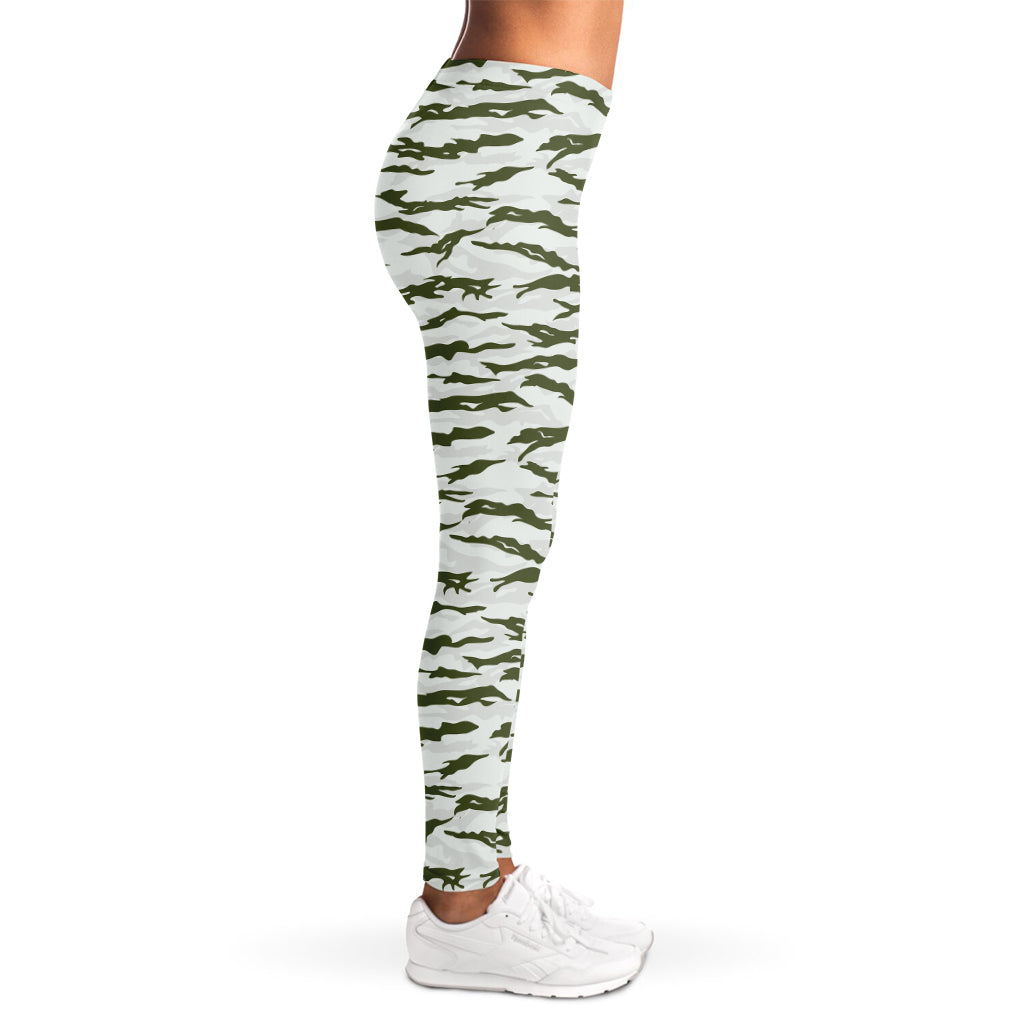 Green And White Tiger Stripe Camo Print Women's Leggings