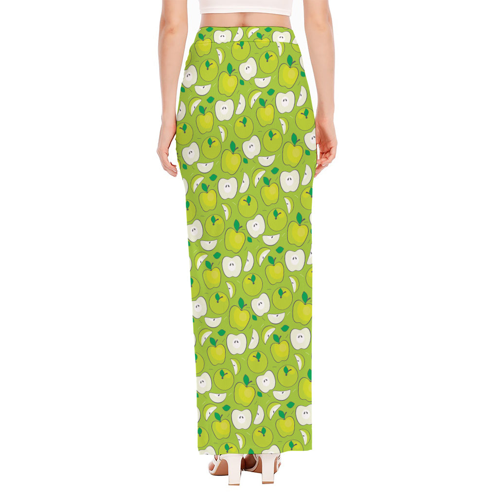 Green Apple Fruit Pattern Print High Slit Maxi Skirt