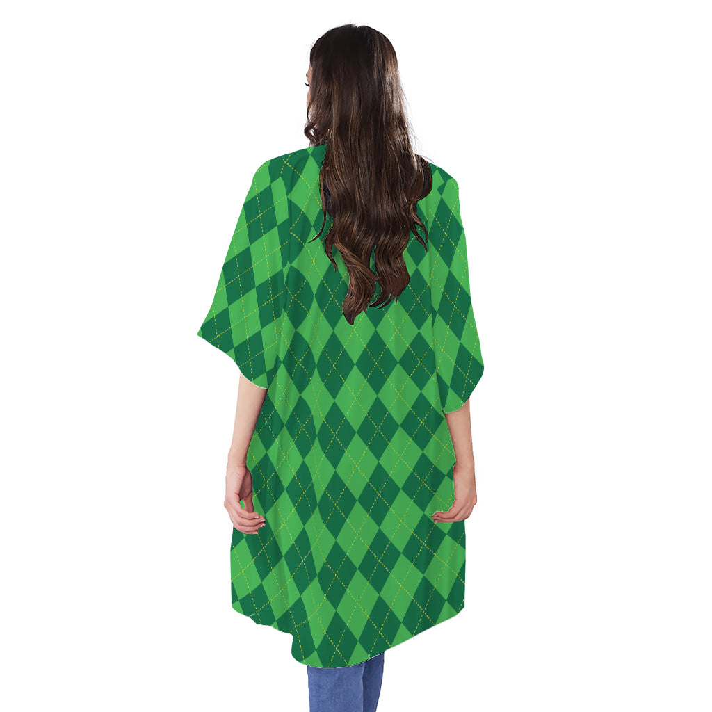 Green Argyle Pattern Print Open Front Beach Cover Up
