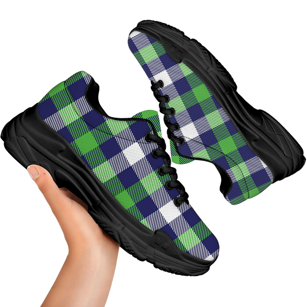 Green Blue And White Buffalo Plaid Print Black Chunky Shoes